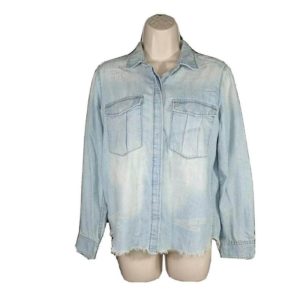 H&M & Denim Raw Hem Snap Front Top Shirt Size 4
